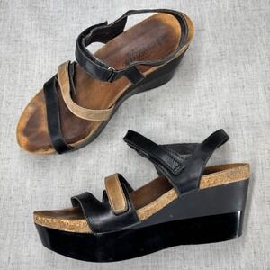 Naot Canaan Sandals Black Tan Leather Wedge Cork Platform Heels Women's EU 39